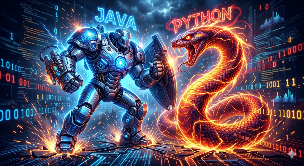Java vs Python — The Clash of the Titans: A powerful armored robot representing Java faces off against a blazing serpent representing Python amid a backdrop of code.